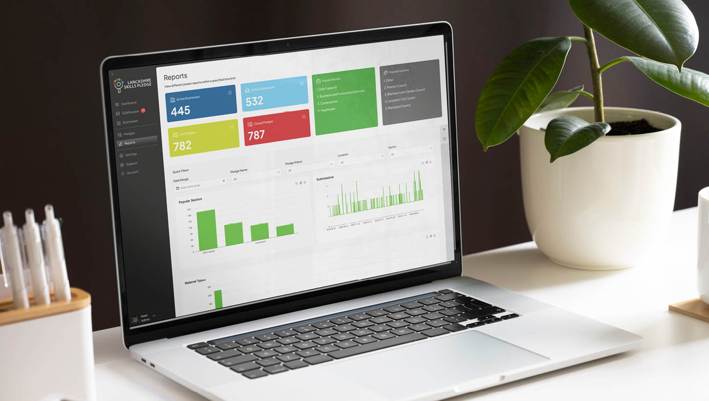 A laptop computer with a screen displaying graphs and charts.